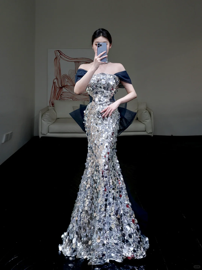 Vestido de fiesta largo con lentejuelas grises y hombros descubiertos, estilo sirena, DP862