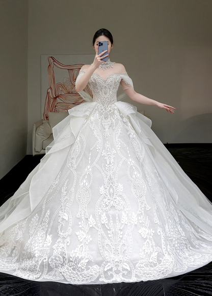 Vestido de novia princesa, vestido de baile con hombros descubiertos, lentejuelas blancas y cuentas, vestidos de novia de invierno DP863