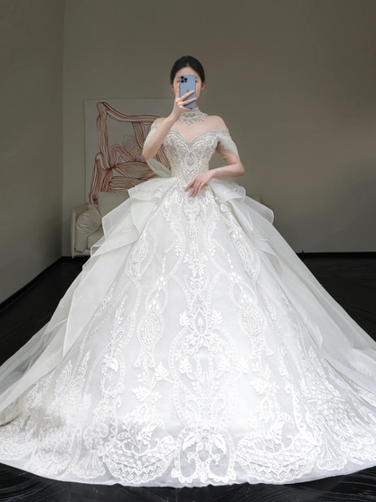 Vestido de novia princesa, vestido de baile con hombros descubiertos, lentejuelas blancas y cuentas, vestidos de novia de invierno DP863