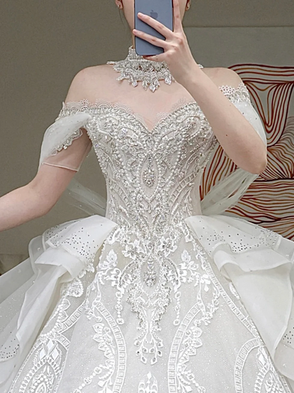 Vestido de novia princesa, vestido de baile con hombros descubiertos, lentejuelas blancas y cuentas, vestidos de novia de invierno DP863