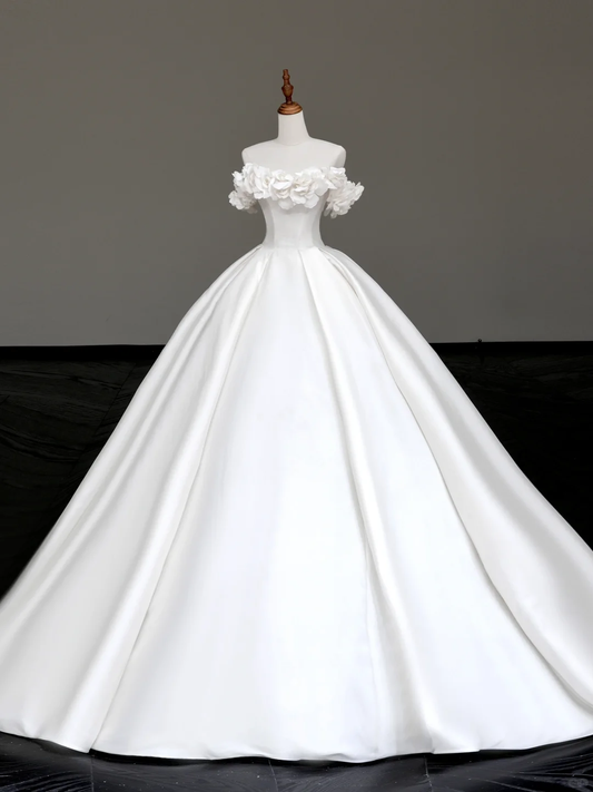 Vestido de novia princesa, vestido de baile, hombros descubiertos, satén blanco, vestidos de novia de invierno DP869