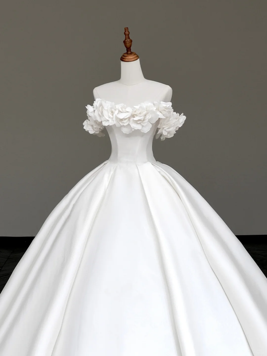 Vestido de novia princesa, vestido de baile, hombros descubiertos, satén blanco, vestidos de novia de invierno DP869