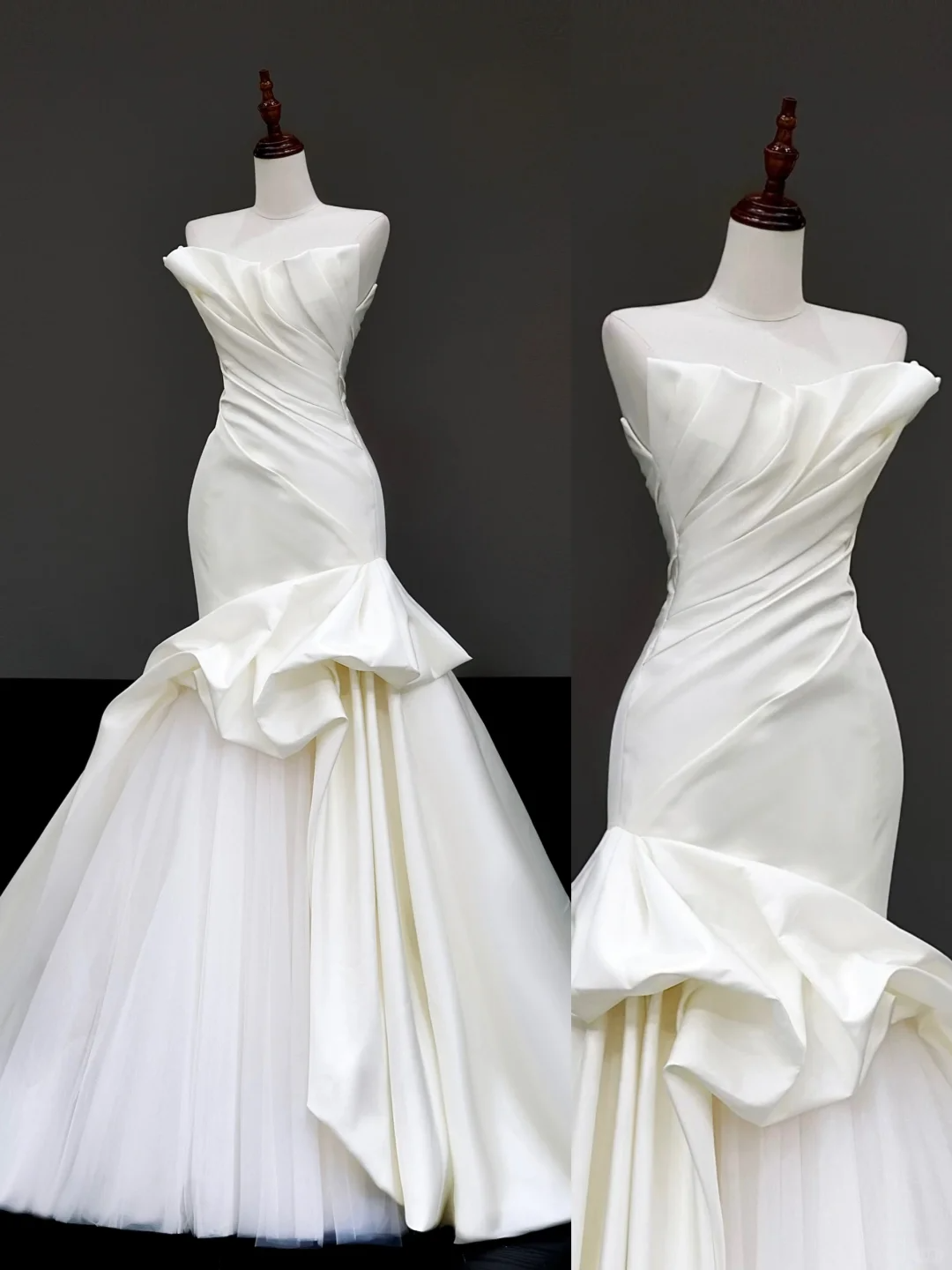 Vestido de novia sencillo de sirena sin tirantes, de satén blanco, estilo minimalista, DP870