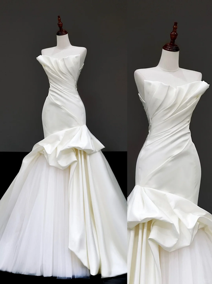 Vestido de novia sencillo de sirena sin tirantes, de satén blanco, estilo minimalista, DP870