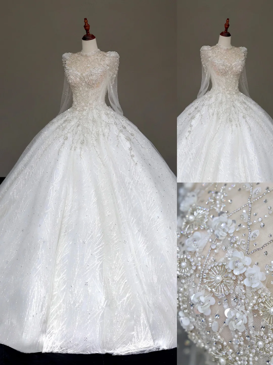 Vestido de novia princesa, vestido de baile, escote alto, lentejuelas blancas, vestidos de novia de invierno DP871