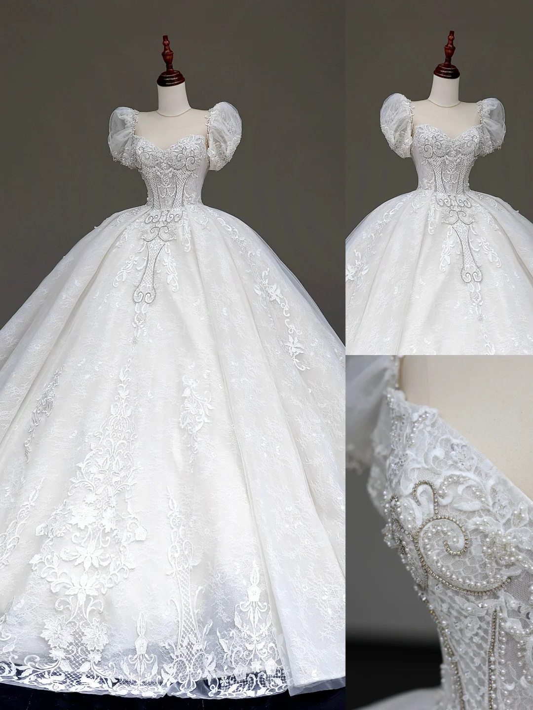 Vestido de novia estilo princesa, con escote corazón, encaje blanco y cuentas, con mangas, DP872
