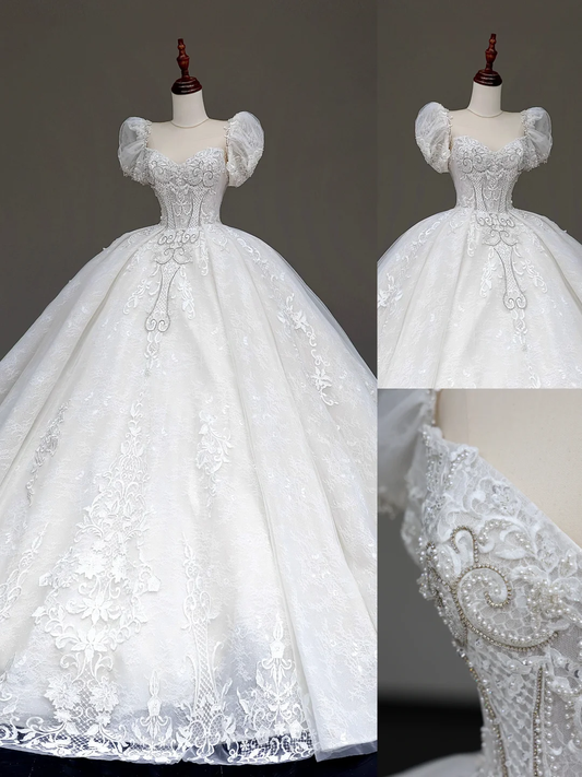 Vestido de novia estilo princesa, con escote corazón, encaje blanco y cuentas, con mangas, DP872