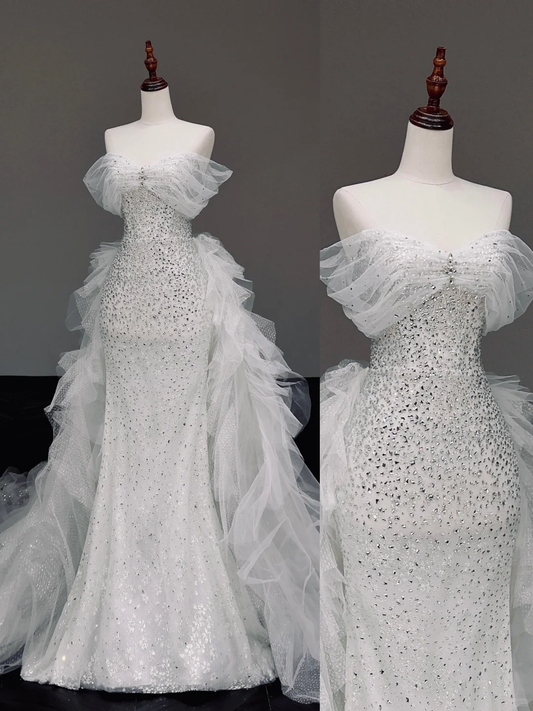 Vestido de novia atemporal de corte sirena con escote corazón en tul blanco DP873