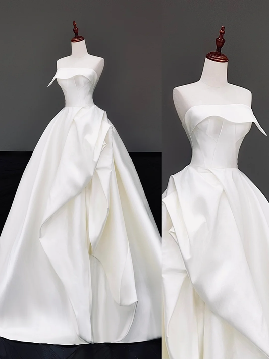 Vestido de novia atemporal, vestido de fiesta sin tirantes, de satén blanco, vestidos de novia DP874