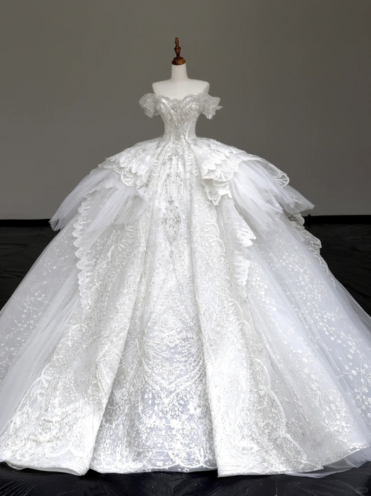 Vestido de novia princesa, vestido de baile con hombros descubiertos, lentejuelas blancas y cuentas, vestidos de novia de invierno DP875