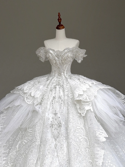 Vestido de novia princesa, vestido de baile con hombros descubiertos, lentejuelas blancas y cuentas, vestidos de novia de invierno DP875