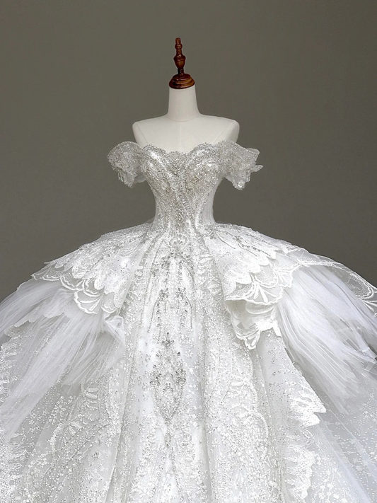 Vestido de novia princesa, vestido de baile con hombros descubiertos, lentejuelas blancas y cuentas, vestidos de novia de invierno DP875