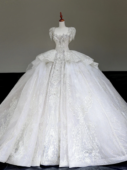 Vestido de novia princesa, vestido de fiesta, escote cuadrado, lentejuelas blancas, vestidos de novia de invierno DP877