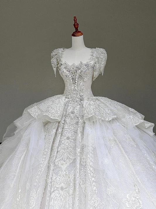 Vestido de novia princesa, vestido de fiesta, escote cuadrado, lentejuelas blancas, vestidos de novia de invierno DP877