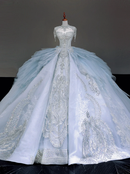 Vestido de novia princesa, sin tirantes, con lentejuelas azules y cuentas, DP879