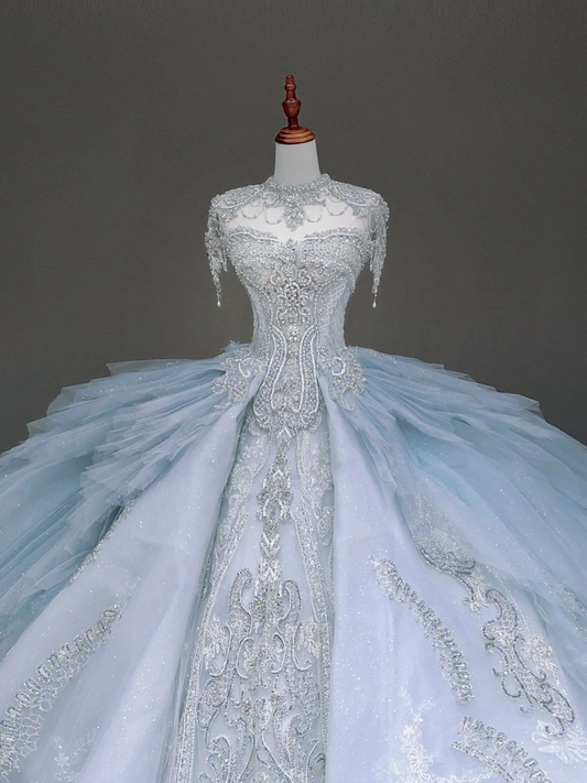 Vestido de novia princesa, sin tirantes, con lentejuelas azules y cuentas, DP879