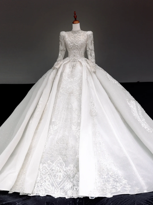 Vestido de novia princesa, vestido de baile, escote alto, lentejuelas blancas, vestidos de novia de invierno DP880