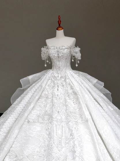 Vestido de novia princesa, sin tirantes, con lentejuelas blancas y cuentas, DP883