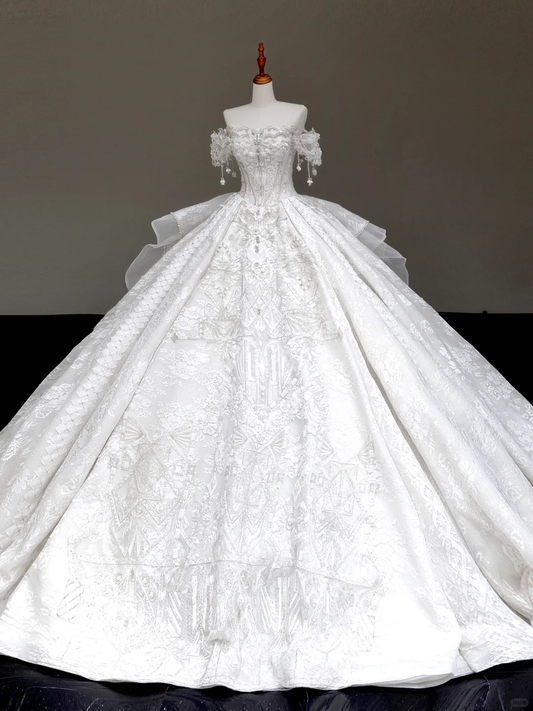 Vestido de novia princesa, sin tirantes, con lentejuelas blancas y cuentas, DP883