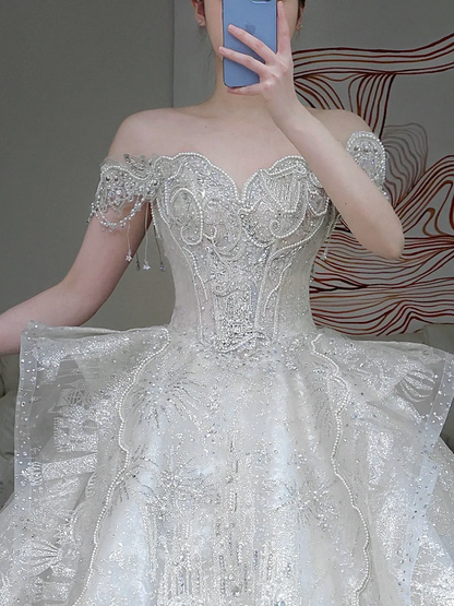 Vestido de novia princesa, sin tirantes, con lentejuelas blancas y cuentas, DP884