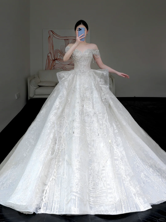 Vestido de novia princesa, sin tirantes, con lentejuelas blancas y cuentas, DP884