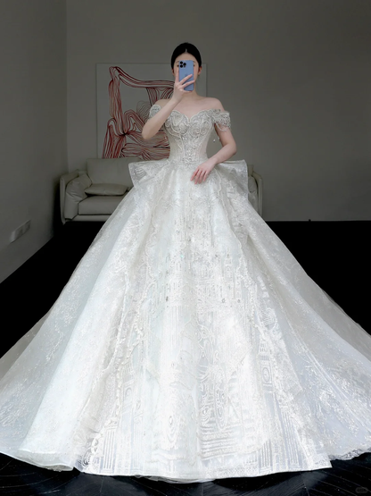 Vestido de novia princesa, sin tirantes, con lentejuelas blancas y cuentas, DP884