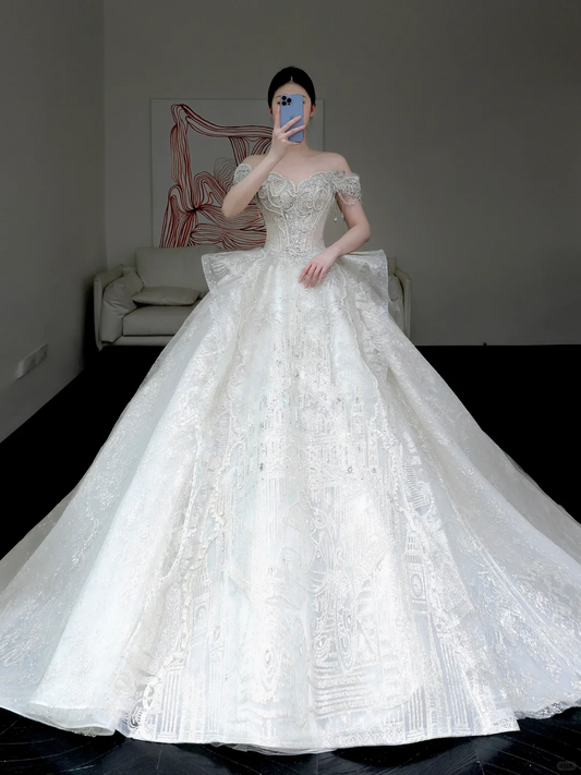 Vestido de novia princesa, sin tirantes, con lentejuelas blancas y cuentas, DP884