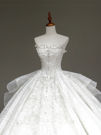 Vestido de novia princesa, sin tirantes, con lentejuelas blancas y cuentas, DP885