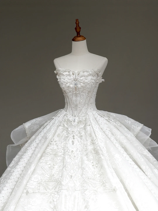Vestido de novia princesa, sin tirantes, con lentejuelas blancas y cuentas, DP885