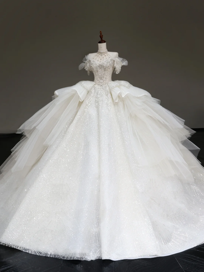 Vestido de novia princesa, vestido de baile con hombros descubiertos, lentejuelas blancas y cuentas, vestidos de novia de invierno DP886