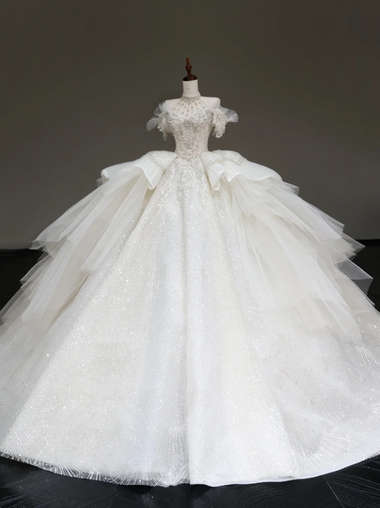 Vestido de novia princesa, vestido de baile con hombros descubiertos, lentejuelas blancas y cuentas, vestidos de novia de invierno DP886