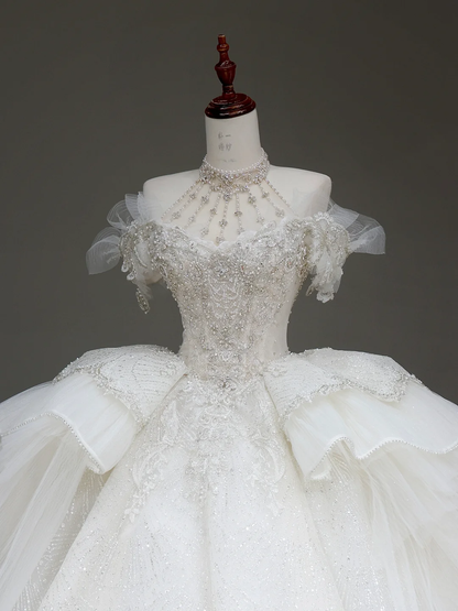 Vestido de novia princesa, vestido de baile con hombros descubiertos, lentejuelas blancas y cuentas, vestidos de novia de invierno DP886