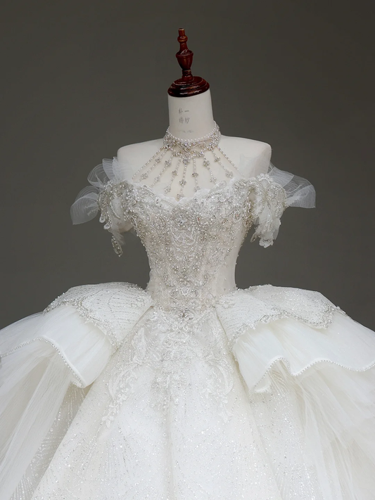 Vestido de novia princesa, vestido de baile con hombros descubiertos, lentejuelas blancas y cuentas, vestidos de novia de invierno DP886