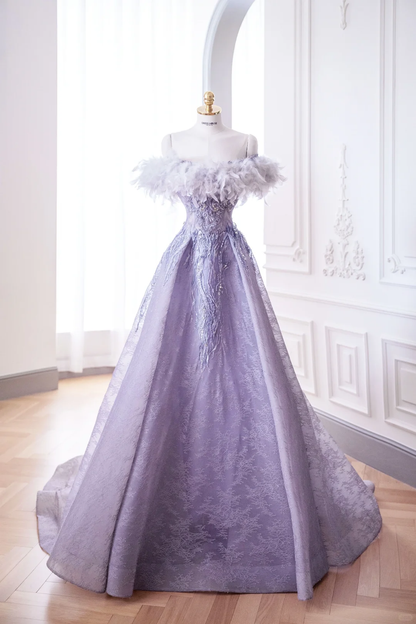 Elegante vestido de fiesta glamuroso con hombros descubiertos y plumas lilas, vestido de fiesta, vestido de noche DP888