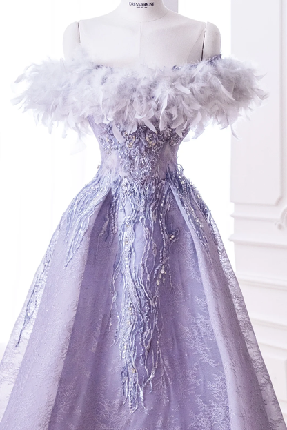 Elegante vestido de fiesta glamuroso con hombros descubiertos y plumas lilas, vestido de fiesta, vestido de noche DP888