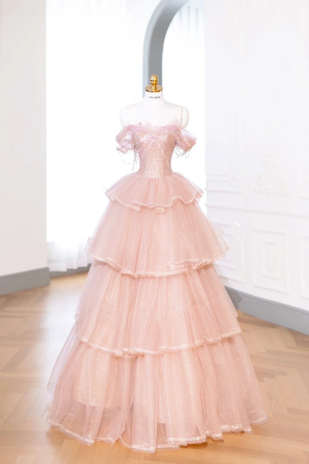 Elegante vestido de fiesta glamuroso con hombros descubiertos de tul rosa, vestido de fiesta, vestidos de noche DP894
