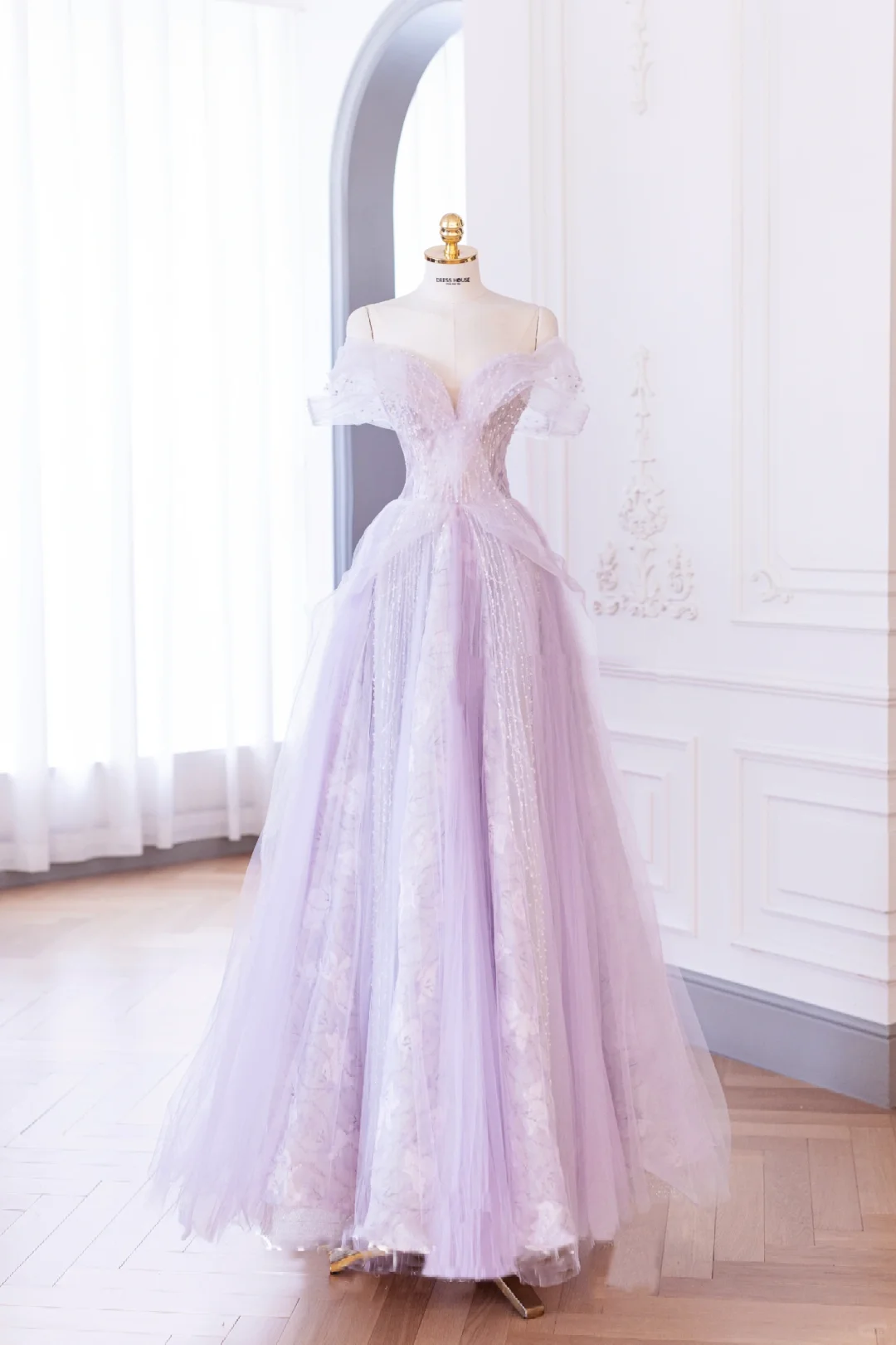 Elegante vestido de fiesta glamuroso con hombros descubiertos de tul lila, vestido de fiesta, vestidos de noche DP895