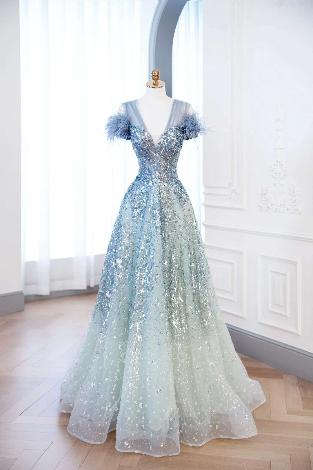 Elegante vestido de fiesta glamuroso con escote en V, tul verde y azul, vestido de fiesta, vestidos de noche DP899