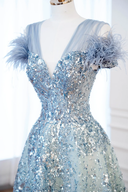 Elegante vestido de fiesta glamuroso con escote en V, tul verde y azul, vestido de fiesta, vestidos de noche DP899