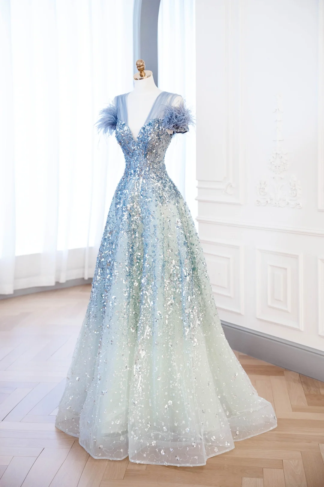 Elegante vestido de fiesta glamuroso con escote en V, tul verde y azul, vestido de fiesta, vestidos de noche DP899