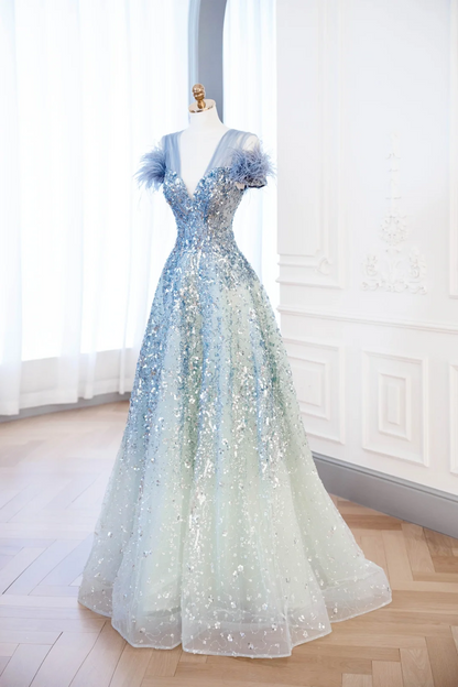 Elegante vestido de fiesta glamuroso con escote en V, tul verde y azul, vestido de fiesta, vestidos de noche DP899