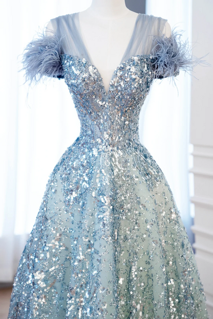 Elegante vestido de fiesta glamuroso con escote en V, tul verde y azul, vestido de fiesta, vestidos de noche DP899
