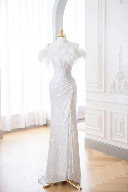 Classy Mermaid White Off The Shoulder Sequin Long Evening Gowns Party Dress Evening Dresses DP900