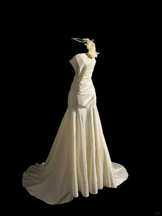 Vestido de novia vintage estilo sirena, un hombro, color marfil, largo, minimalista, DP918