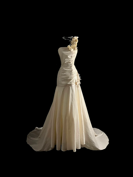 Vestido de novia vintage estilo sirena, un hombro, color marfil, largo, minimalista, DP918