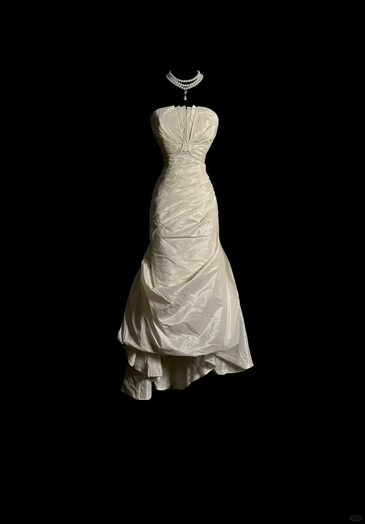 Vestido de novia vintage estilo sirena sin tirantes color marfil, estilo minimalista, DP932