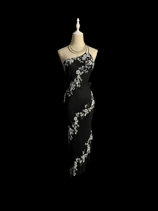 Vestido de fiesta negro retro de un solo hombro, vestido de noche DP941