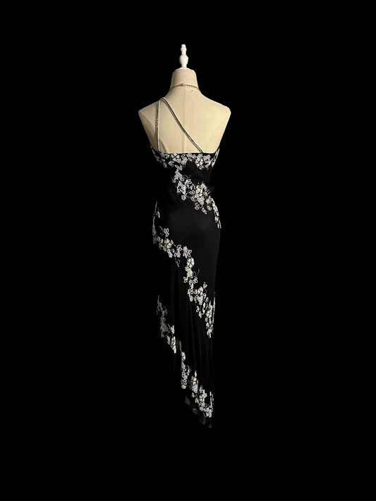 Vestido de fiesta negro retro de un solo hombro, vestido de noche DP941
