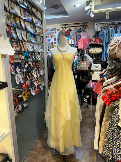 Vestido largo amarillo estilo halter estilo vintage de corte A para cumpleaños, vestido de fiesta, atuendo de cumpleaños DP956