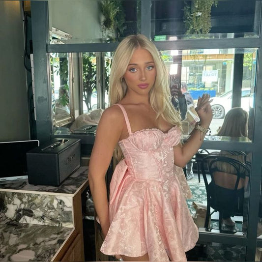 Vestido corto de verano con encaje y tirantes finos en color rosa, corte A, para cumpleaños, minivestido de fiesta para 19.º cumpleaños, DP969